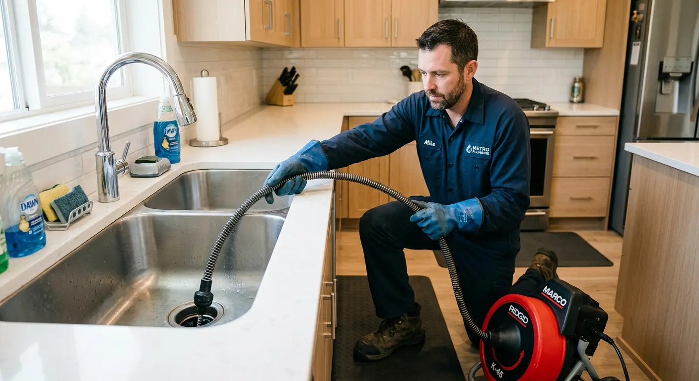 Drain cleaning technician using a motorized snake on a kitchen sink in Yreka