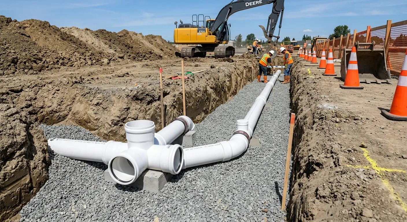 New PVC sewer pipe installation in open trench for Grease Trap Cleaning in Yreka